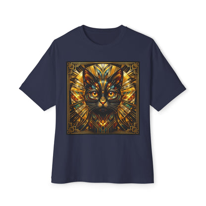 Art Deco Cat Graphic Tee — Golden Stained-Glass Feline Print