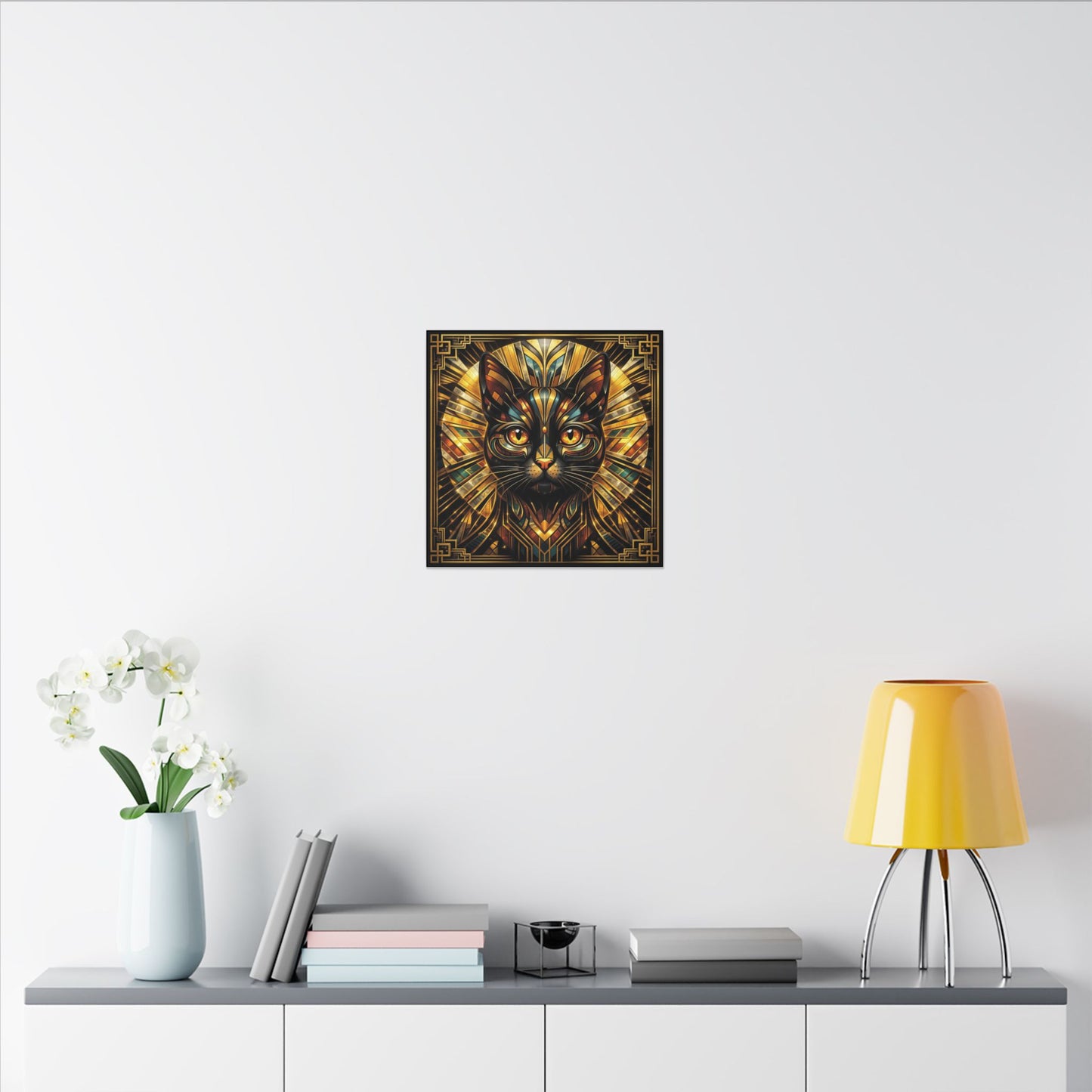 Art Deco Cat Canvas Print — Golden Geometric Feline Wall Art