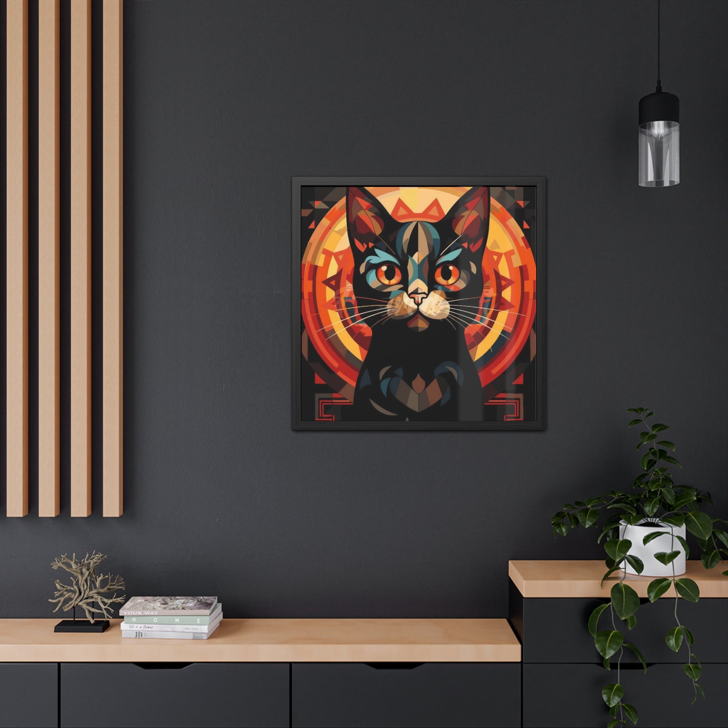 Framed Poster — Stylized Black Cat Art Print (Geometric Sun Halo)