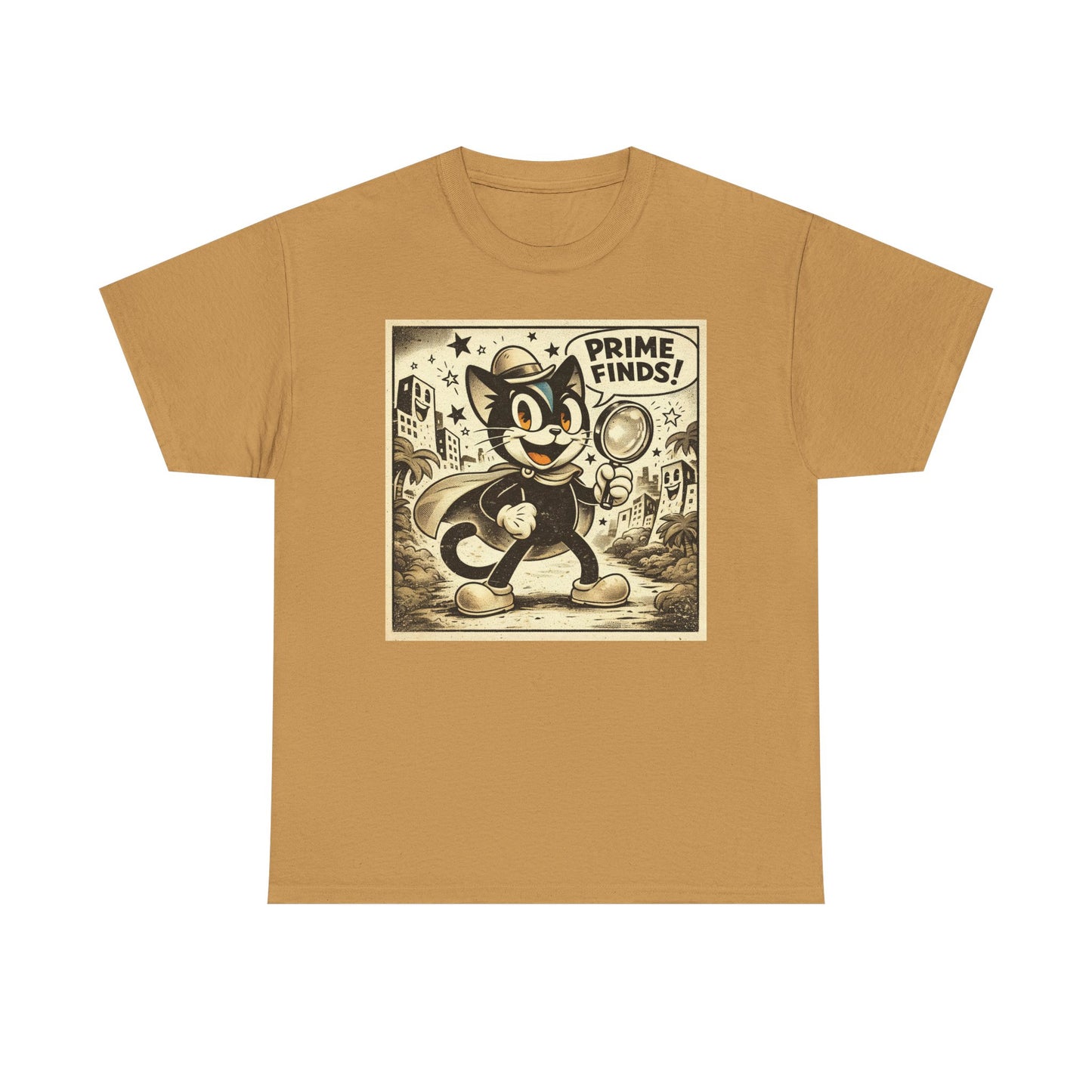 Tan vintage detective cat T-shirt with retro cartoon graphic on the front