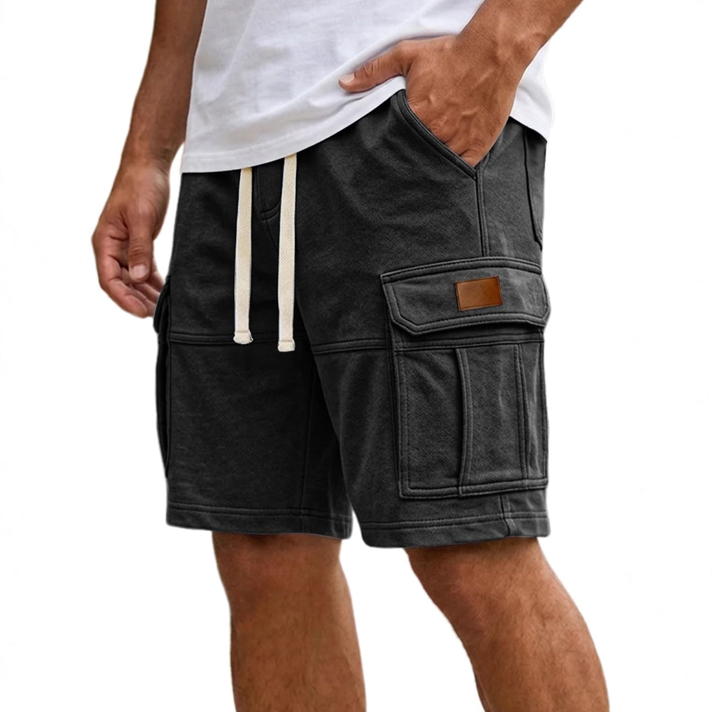 Black men’s cargo shorts with flap side pocket and adjustable drawstring waist