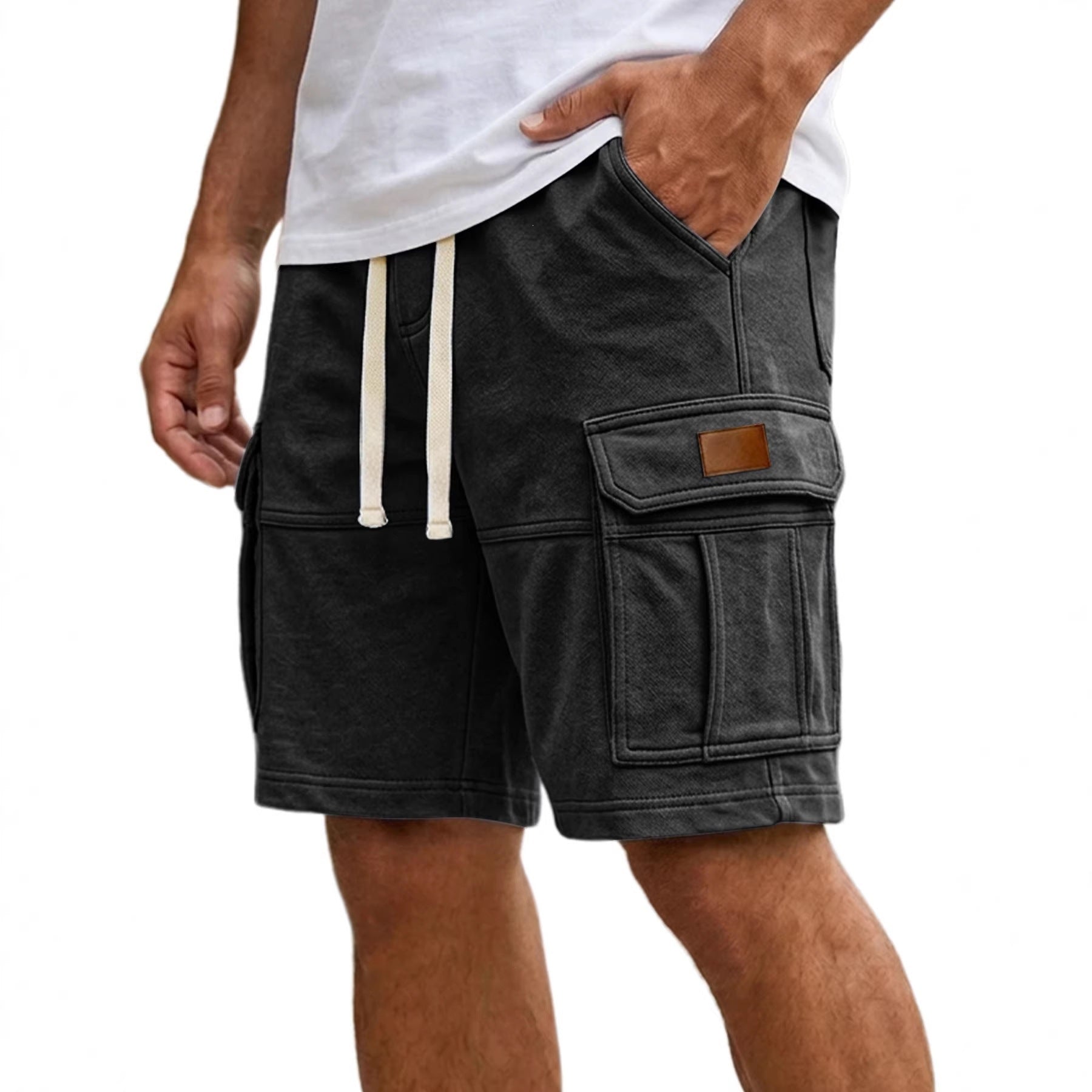 Black men’s cargo shorts with flap side pocket and adjustable drawstring waist