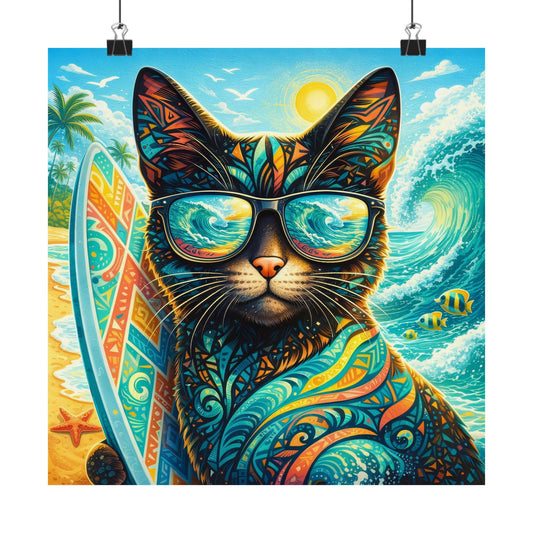 Hanging matte cat poster with sunglasses and colorful tropical ocean surfboard art