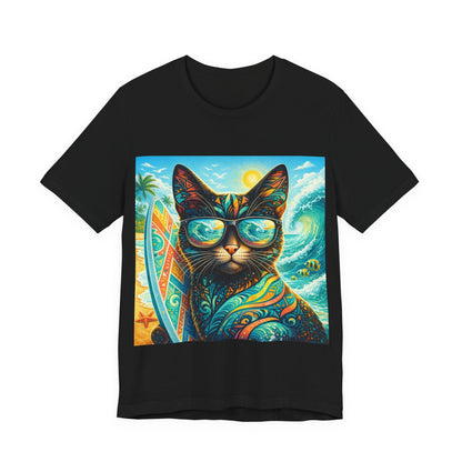 Black T-shirt with colorful cat sunglasses and surf graphic on front