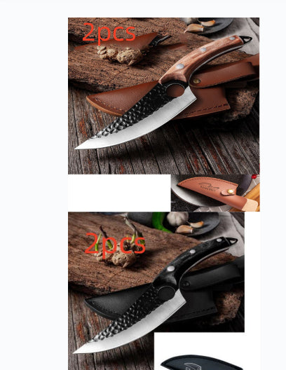 Bundle of boning and scimitar knives with brown and black handles, with two leather sheaths