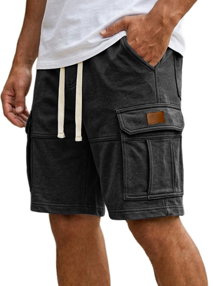 Black men’s cargo shorts with flap side pocket and adjustable drawstring waist