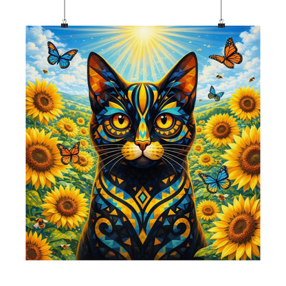 Sunflower Cat Poster — Vibrant Stained-Glass Cat Art Print