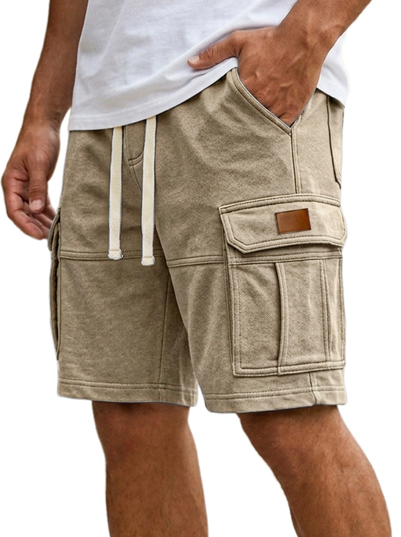 Khaki men’s cargo shorts with flap side pocket and adjustable drawstring waist