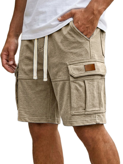 Khaki men’s cargo shorts with flap side pocket and adjustable drawstring waist