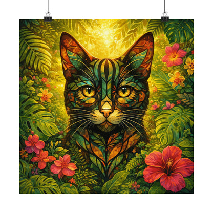 Tropical Cat Poster — Vibrant Botanical Matte Vertical Wall Art