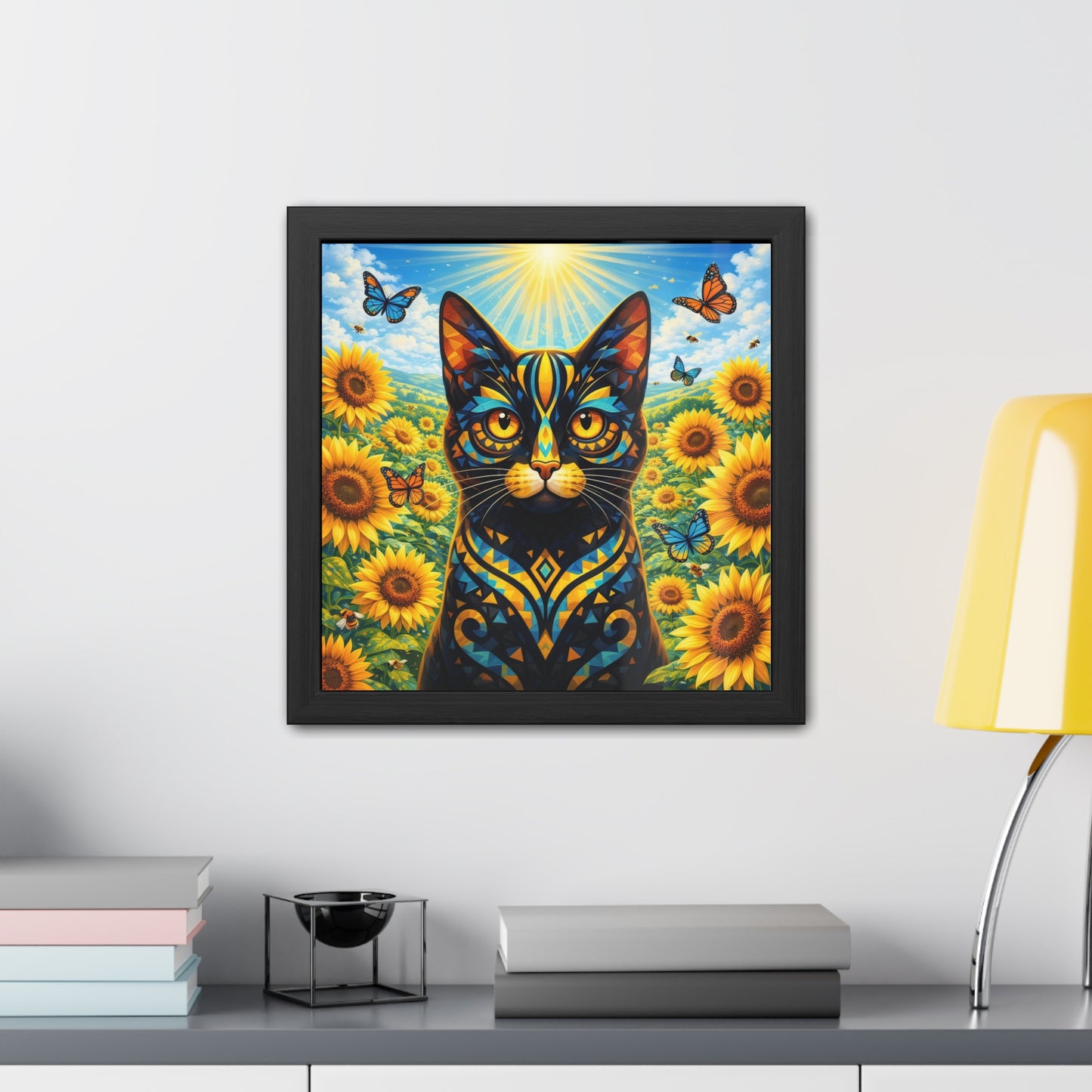 Sunflower Cat Framed Poster — Vibrant Stained-Glass Cat Art Print