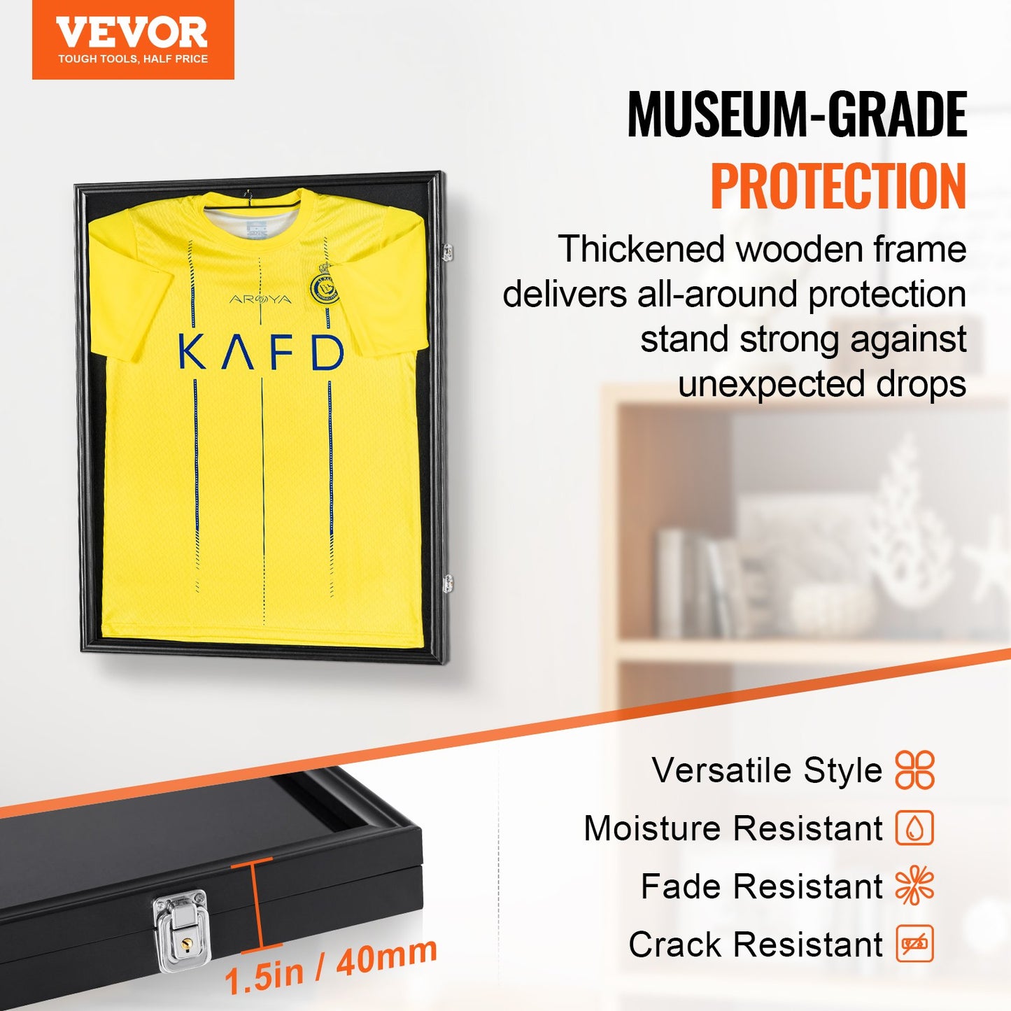 Jersey display frame case with yellow sports jersey inside, black frame, glass front.