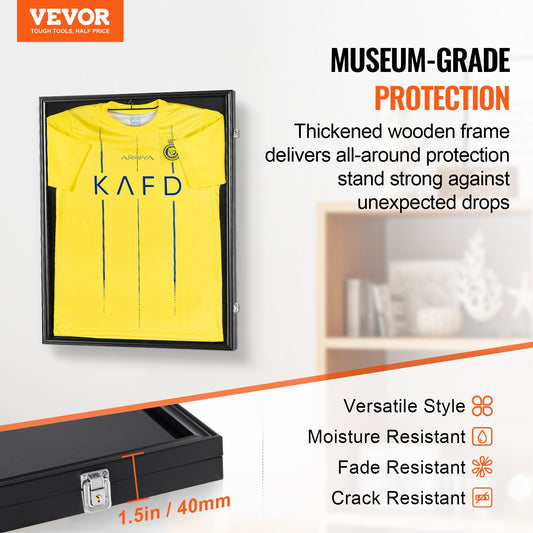 Jersey display frame case with yellow sports jersey inside, black frame, glass front.