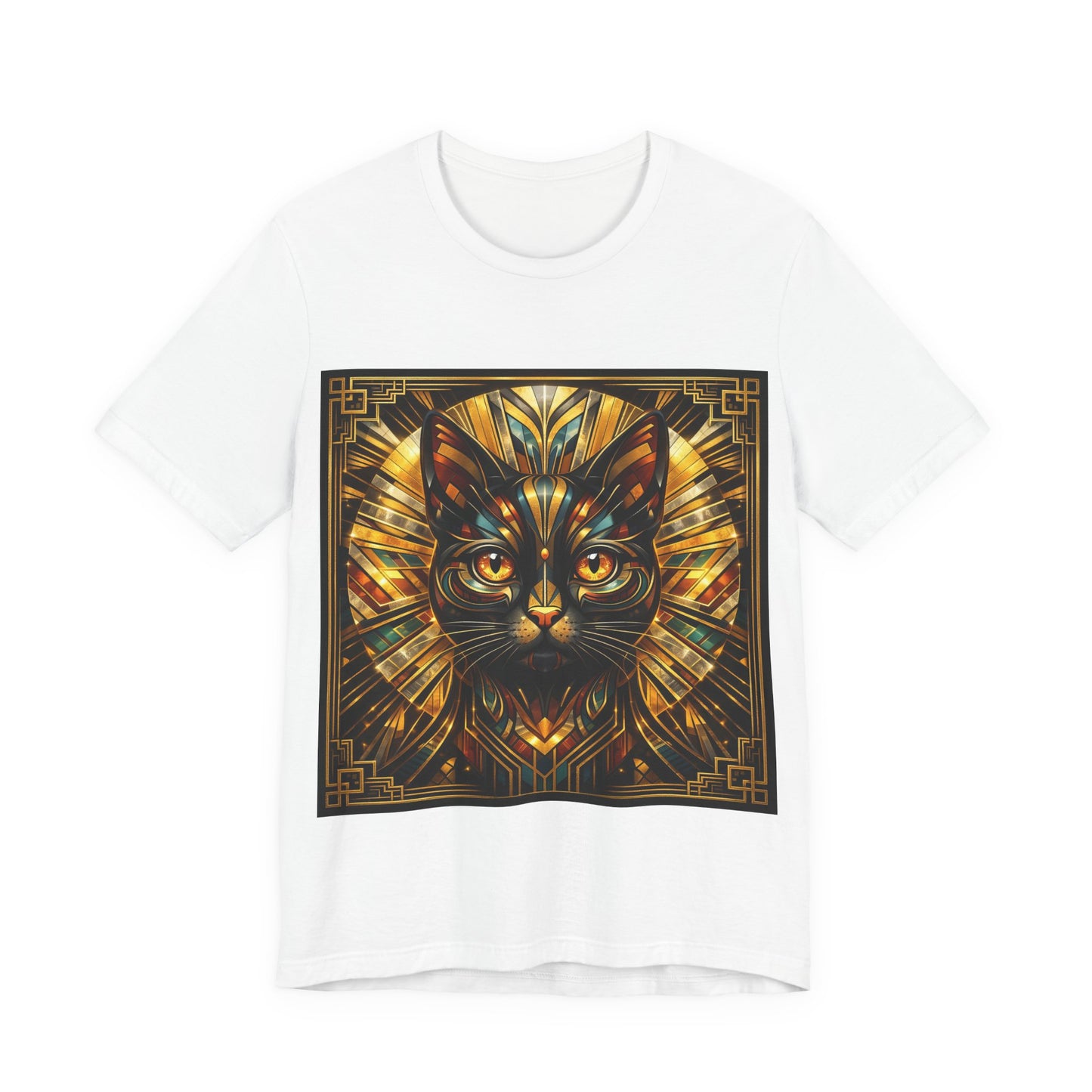 Art Deco Cat T-Shirt — Golden Geometric Cat Face Tee