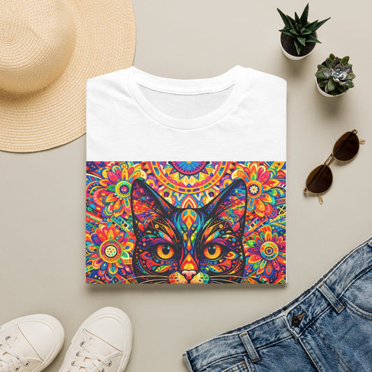 White T-shirt with colorful mandala cat face graphic on the front