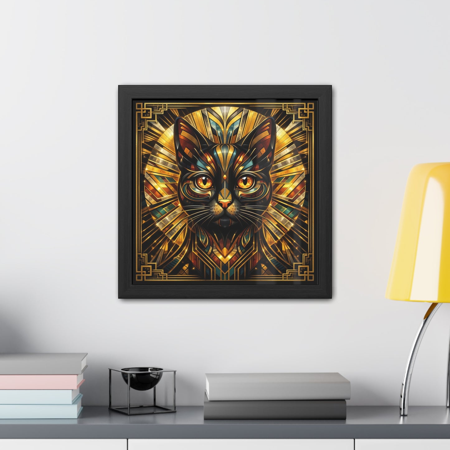 Art Deco Cat Framed Poster — Golden Stained-Glass Feline Wall Art
