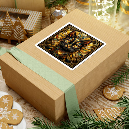 Art Deco Cat Kiss-Cut Sticker — Metallic Gold Geometric Feline Laptop Decal