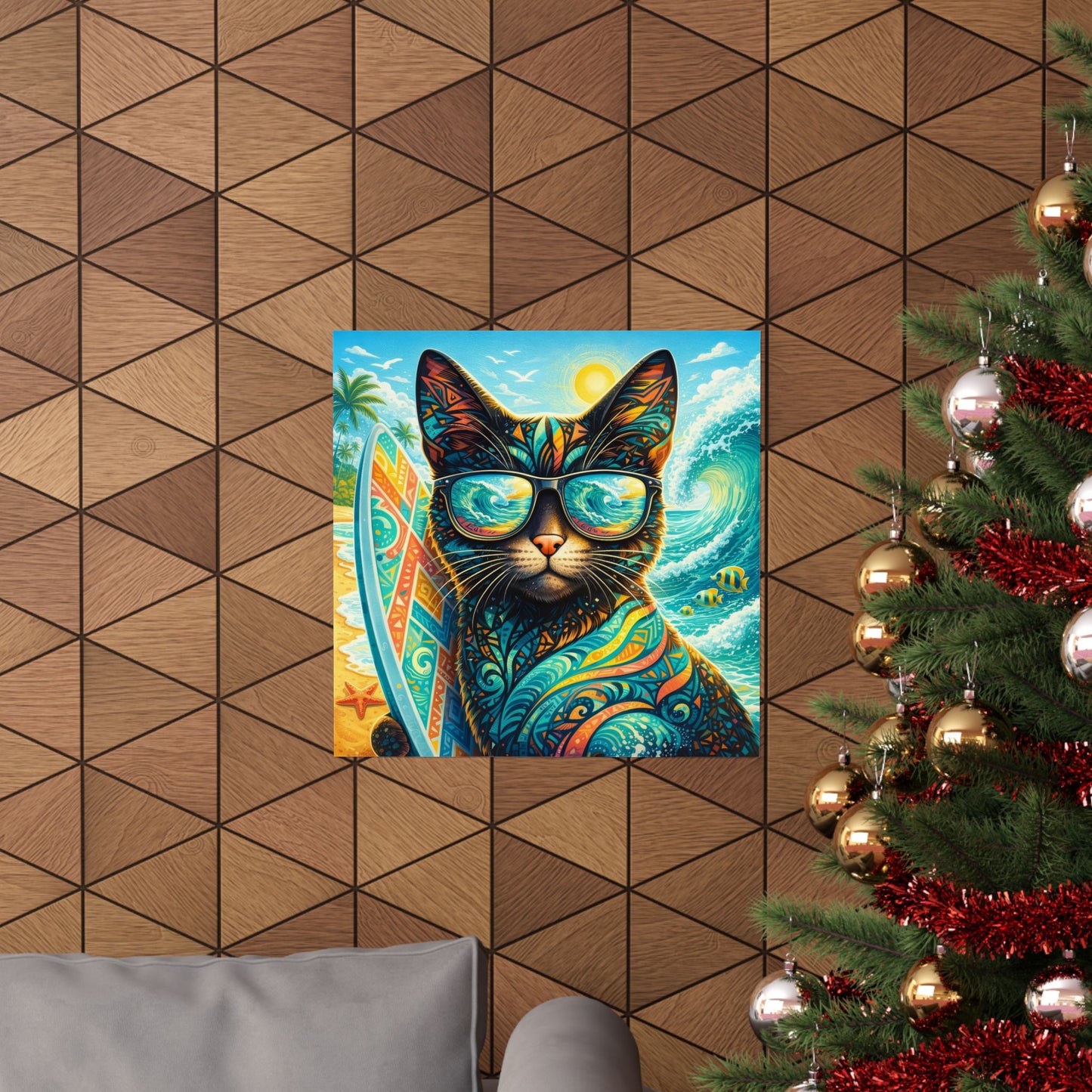 Surf Cat Poster — Colorful Tropical Cat with Sunglasses Matte Vertical Art