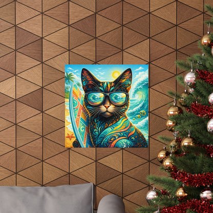 Surf Cat Poster — Colorful Tropical Cat with Sunglasses Matte Vertical Art