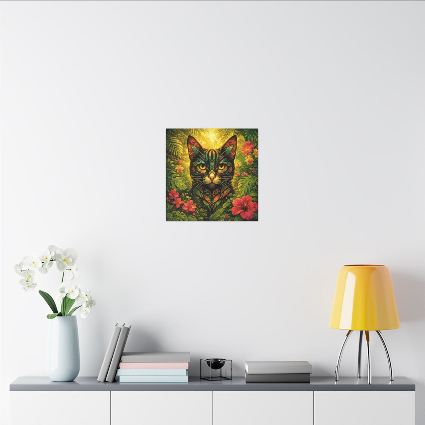 Tropical Cat Canvas Wall Art — Colorful Botanical Cat Portrait on Matte Stretched Canvas