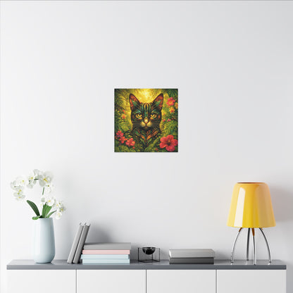 Tropical Cat Canvas Wall Art — Colorful Botanical Cat Portrait on Matte Stretched Canvas