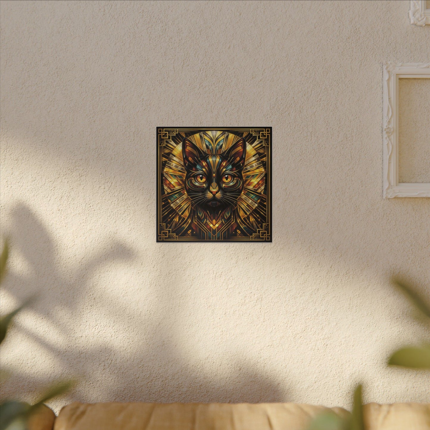 Art Deco Cat Canvas Print — Golden Geometric Feline Wall Art