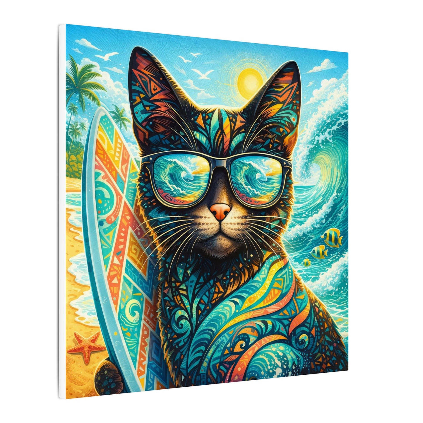 Surf Cat Canvas Wall Art — Colorful Tropical Cat with Sunglasses