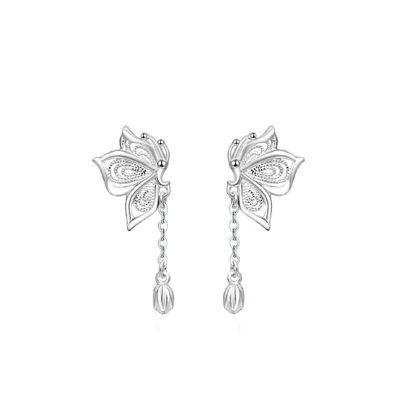 Pair of sterling silver butterfly earrings with long tassel chains and teardrop dangles