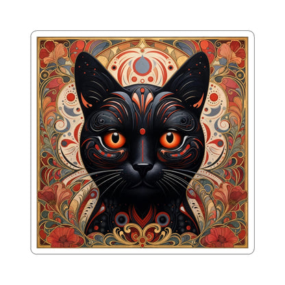 Black Cat Art Sticker — Ornate Orange Eyes Kiss-Cut Vinyl Sticker
