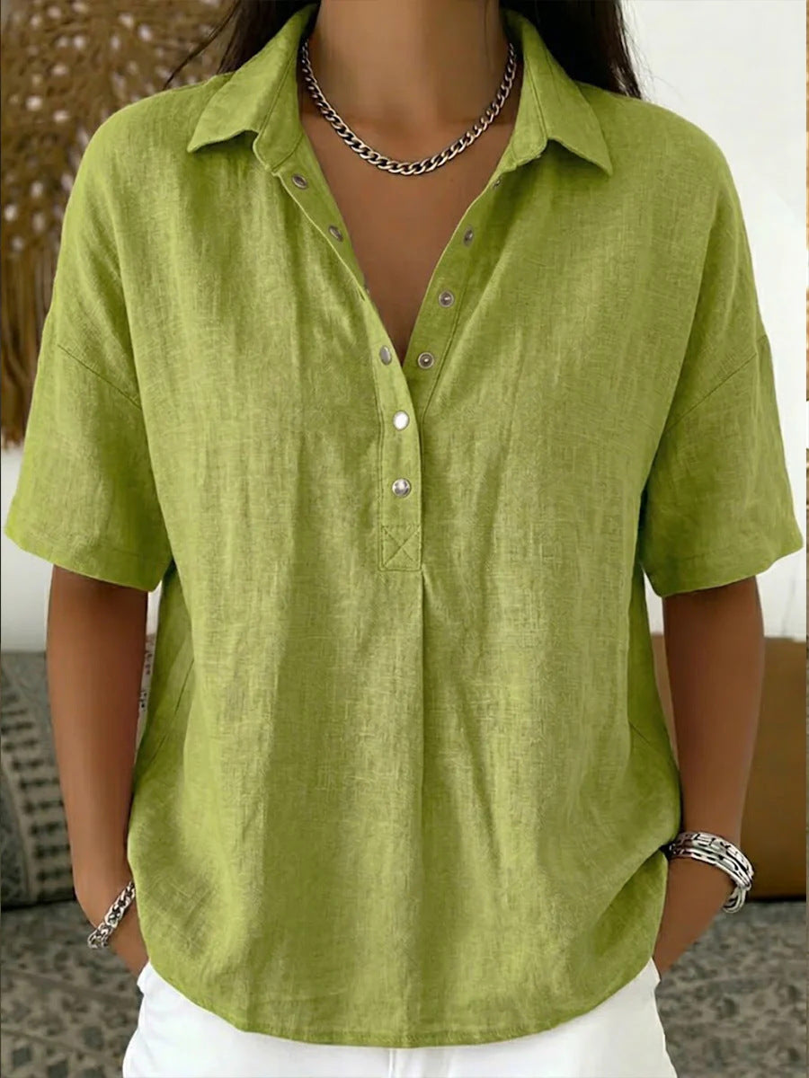 Women’s button-front short-sleeve pullover shirt, green with V-neck placket and collar