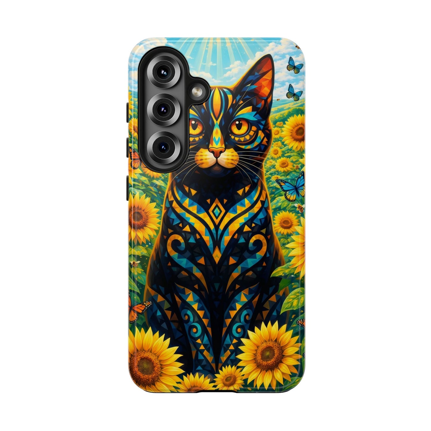 Sunflower Cat Tough Phone Case — Vibrant Boho Floral Armor for iPhone & Android