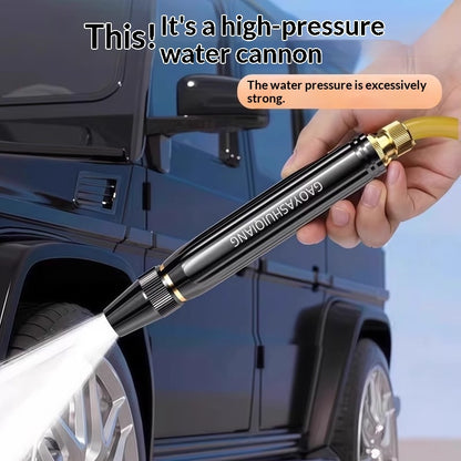 High-pressure water gun nozzle with black body and brass fittings, handheld grip