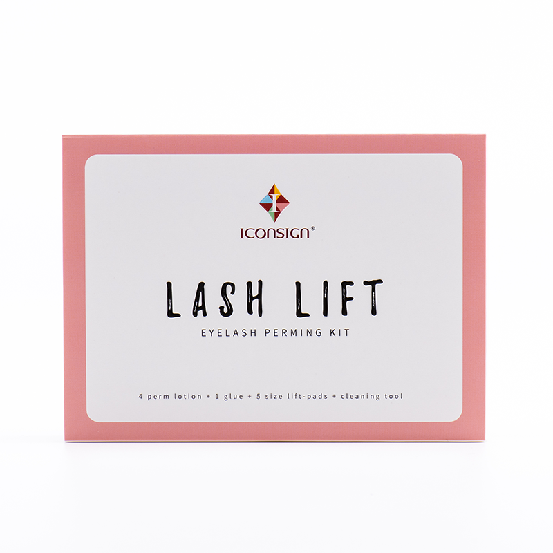 Lash lift kit eyelash perming kit box, pink and white with product branding