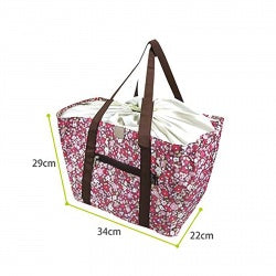 Insulated cooler tote bag in plaid with two carrying handles and side label tags