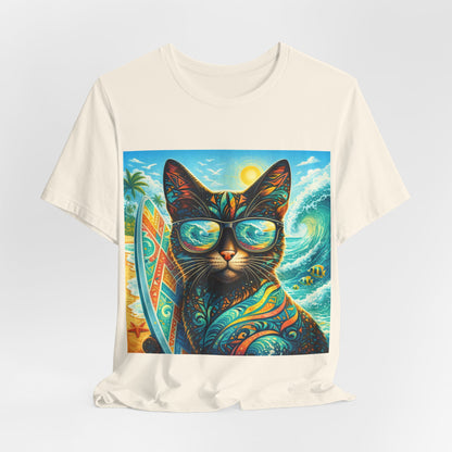 Surf Cat T-Shirt — Retro Tropical Cat with Sunglasses & Surfboard