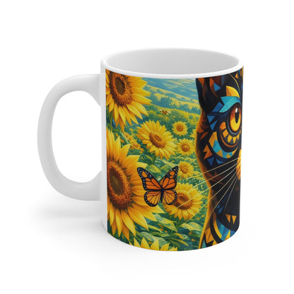 Sunflower Cat Mug — Colorful Geometric Cat Face Coffee Cup (11 oz)