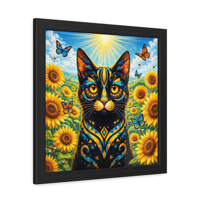 Sunflower Cat Framed Poster — Vibrant Stained-Glass Cat Art Print