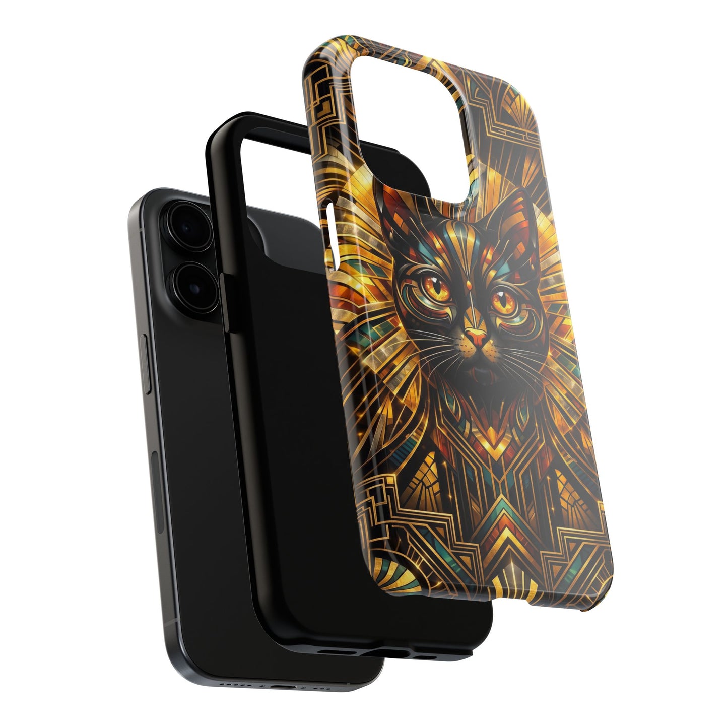 Art Deco Cat Tough Phone Case — Golden Geometric Protective Cover