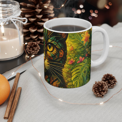 11oz Ceramic Mug - Stained Glass Jungle Cat Design (Colorful Cat Art)