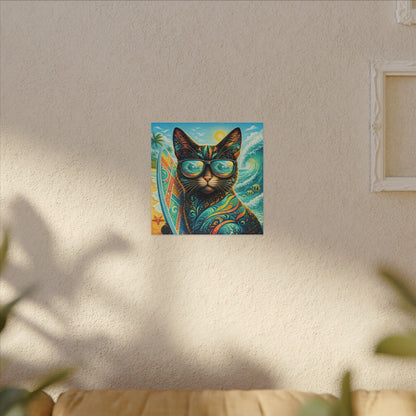 Surf Cat Canvas Wall Art — Colorful Tropical Cat with Sunglasses