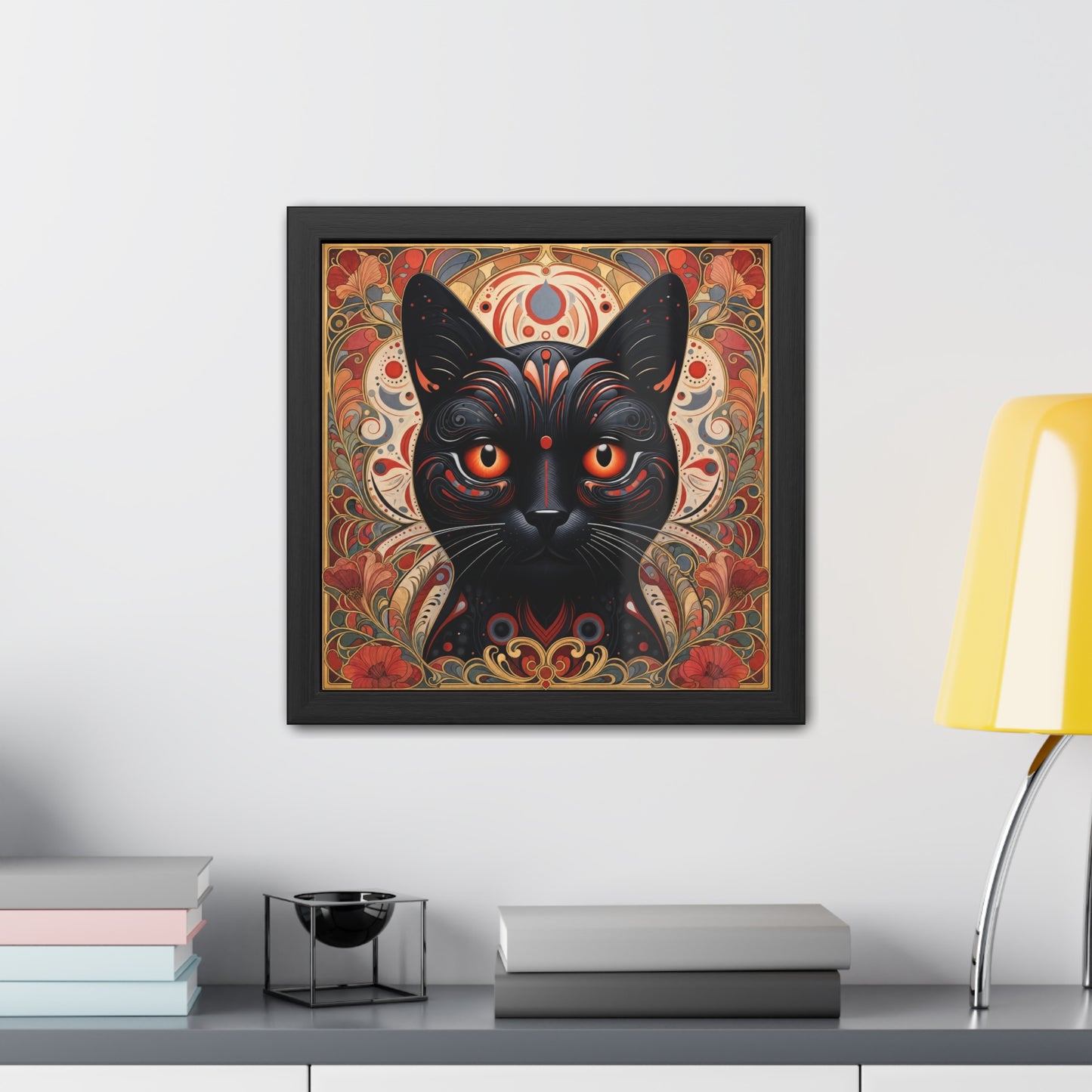 Black Cat Art Print — Framed Poster with Ornate Floral Mandala Design