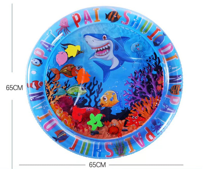 Round inflatable pet cooling water mat with shark and dolphin underwater print