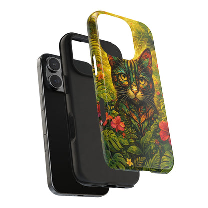 Tough phone case with jungle cat artwork and raised edge camera opening on back