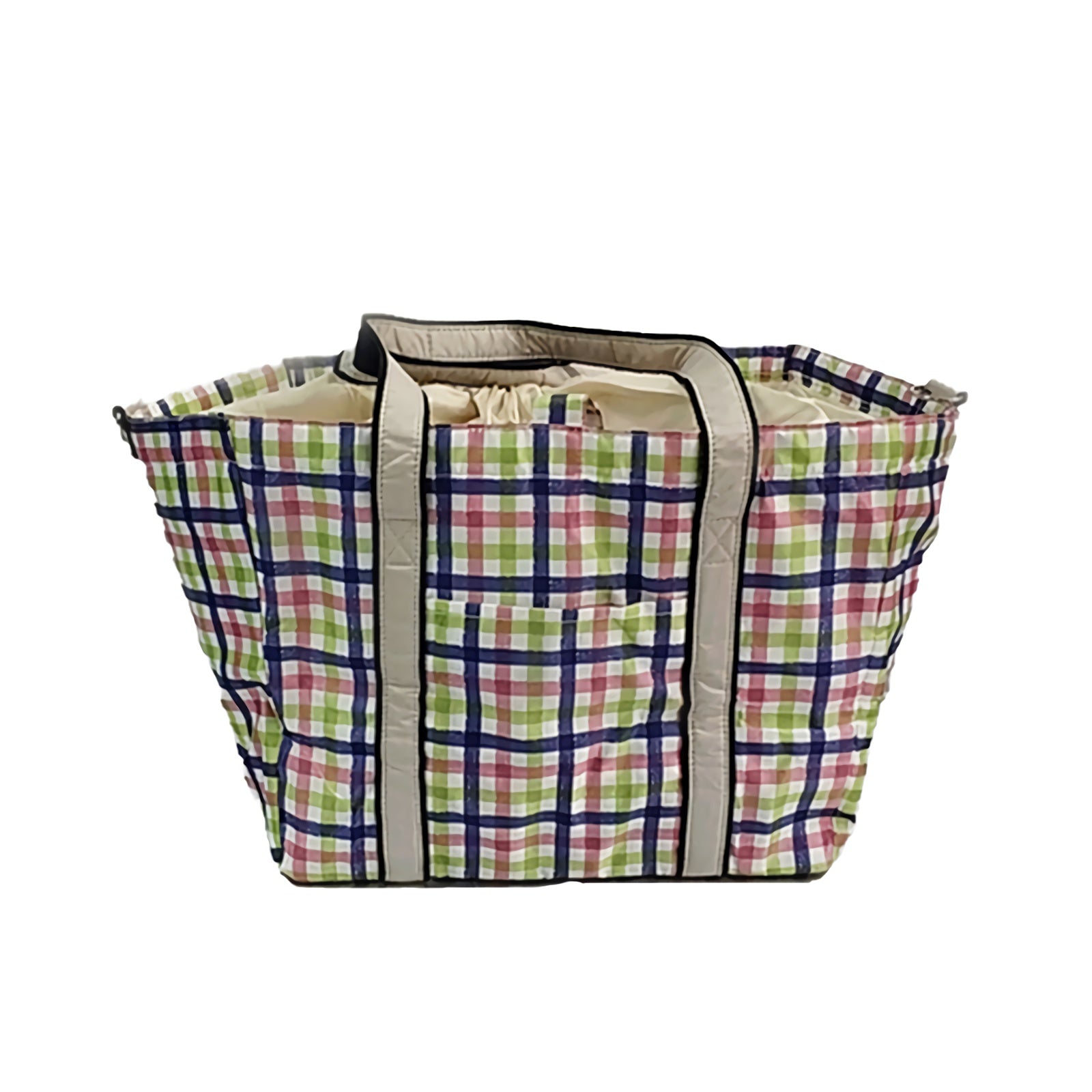 Insulated cooler tote bag in colorful plaid with zippered front pocket and front panel seams