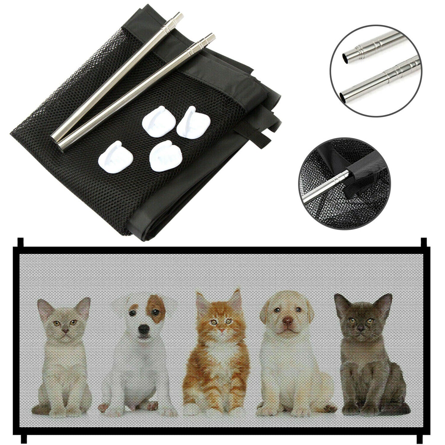 Portable pet safety gate with black mesh panel, foldable frame and rods