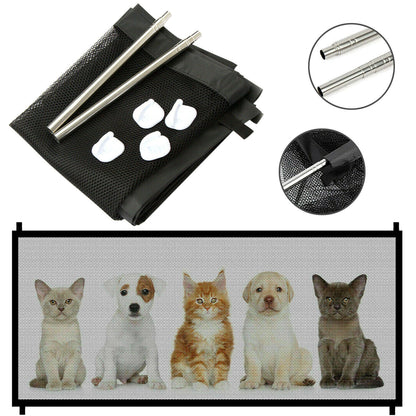 Portable pet safety gate with black mesh panel, foldable frame and rods