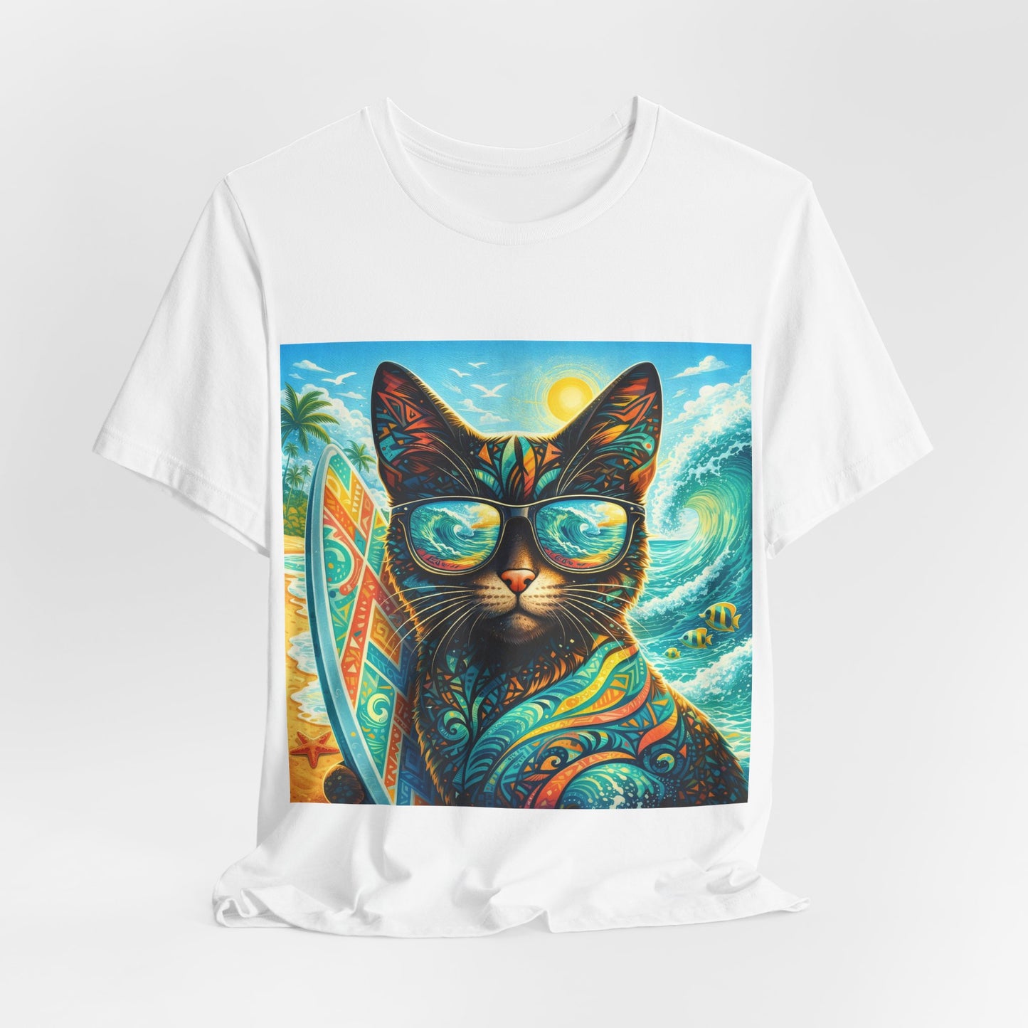 Surf Cat T-Shirt — Retro Tropical Cat with Sunglasses & Surfboard