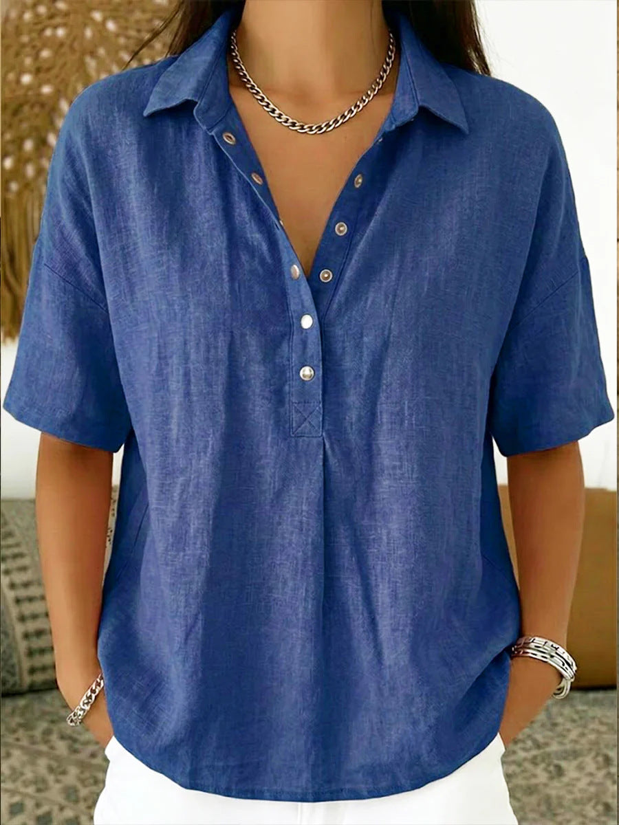 Blue short-sleeve button-up pullover shirt with collar and V-neck placket