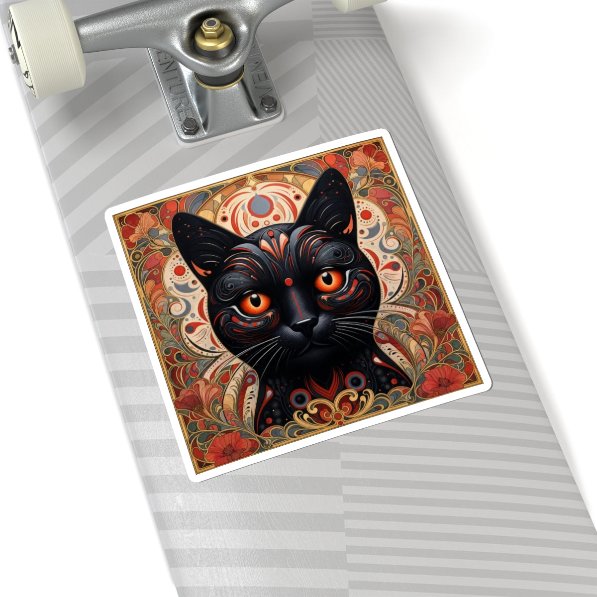 Black Cat Art Sticker — Ornate Orange Eyes Kiss-Cut Vinyl Sticker