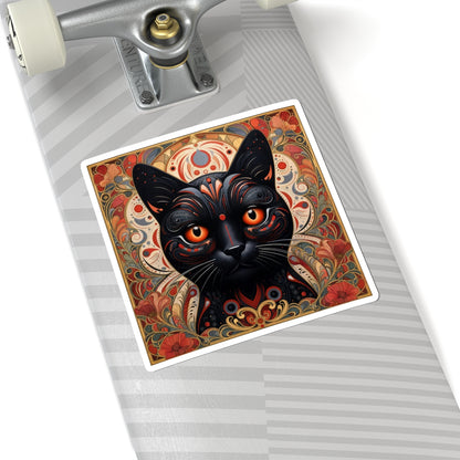 Black Cat Art Sticker — Ornate Orange Eyes Kiss-Cut Vinyl Sticker